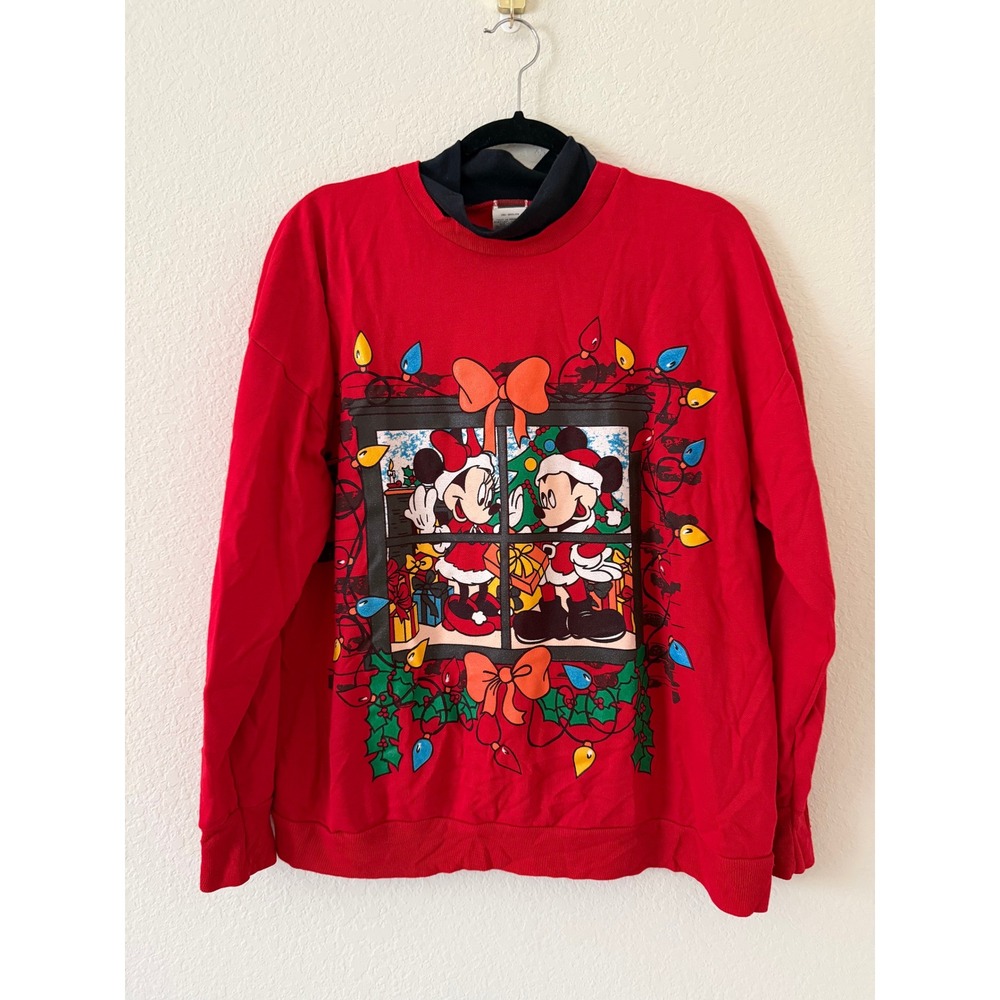 Vintage Mickey Unlimited Disney Christmas Sweatshirt Red Mock Neck Large USA